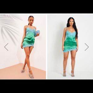 Lace detail satin dress with slit